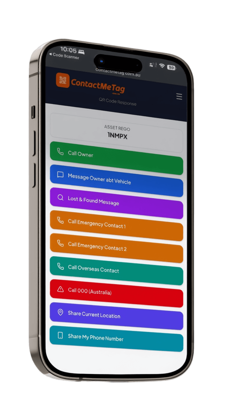 QR Code scan response page showing action buttons for calling owner, messaging, emergency contacts and location sharing