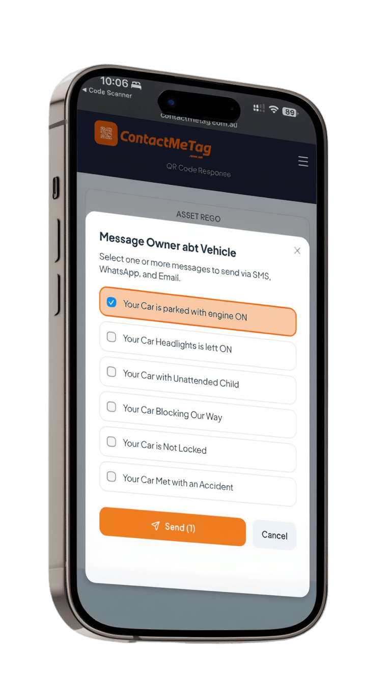 Message Owner about Vehicle dialog with pre-written alert options like engine on, headlights left on, blocking our way