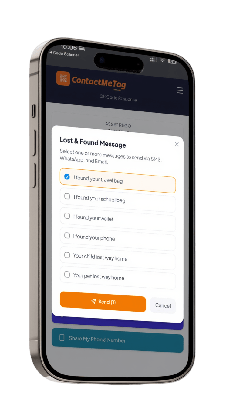 Lost and Found Message dialog with options like found travel bag, school bag, wallet, phone, child or pet lost