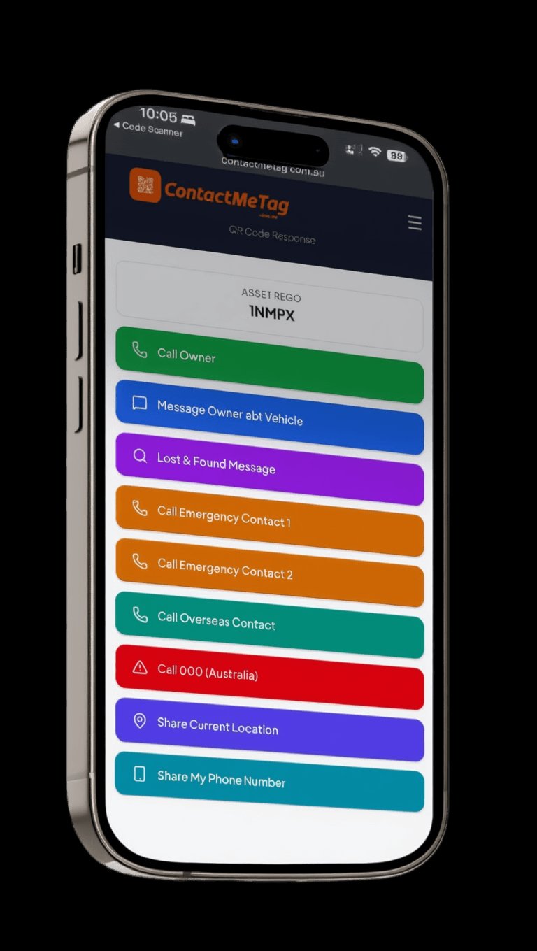 QR Code scan response page showing action buttons for calling owner, messaging, emergency contacts and location sharing