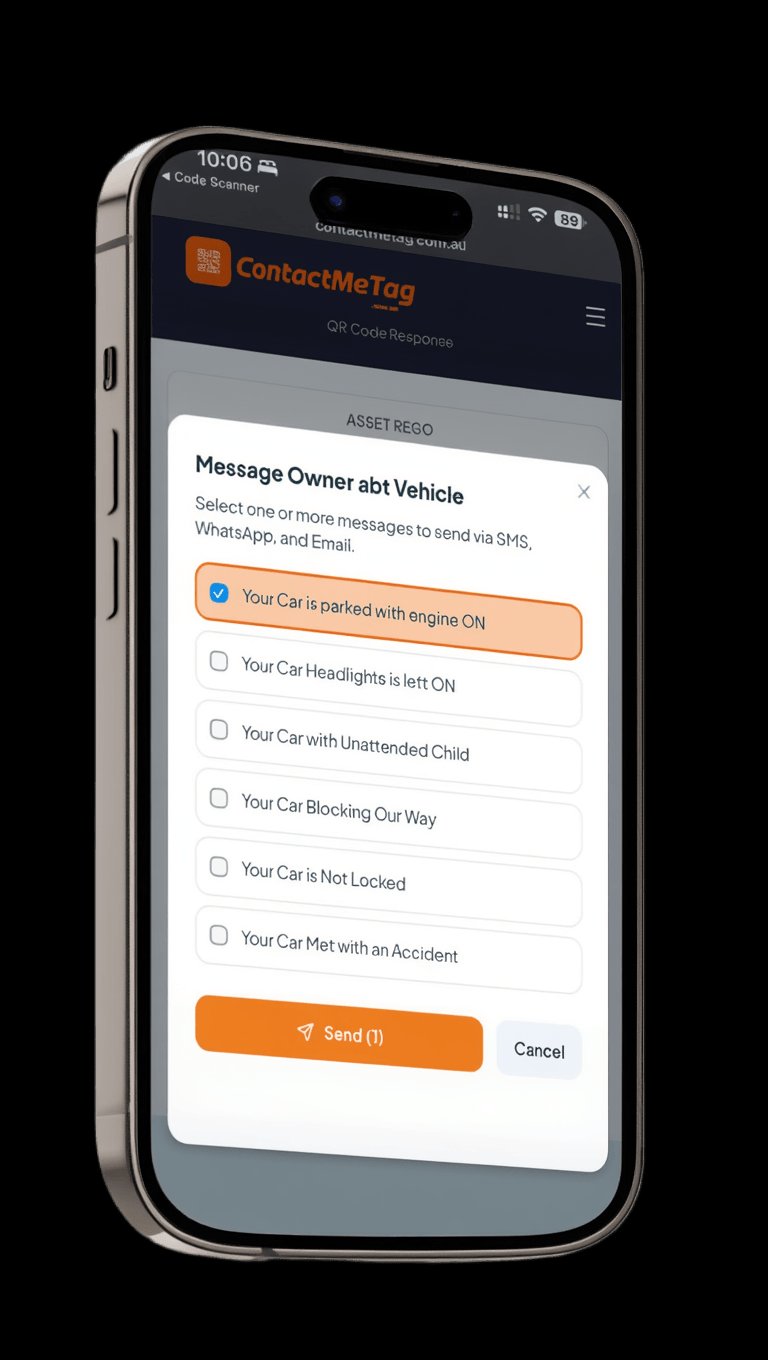 Message Owner about Vehicle dialog with pre-written alert options like engine on, headlights left on, blocking our way